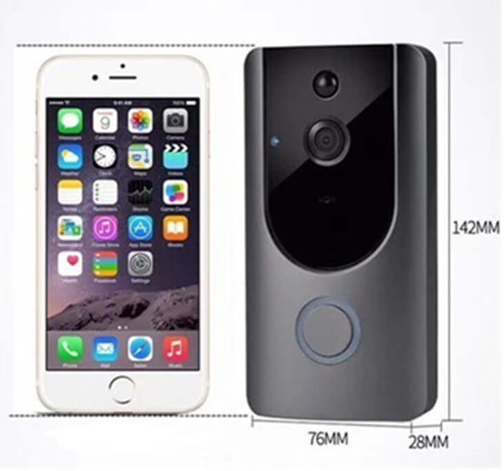 Smart wifi video doorbell camera - Two-Way Intercom next to a smartphone for comparison of size and design.
