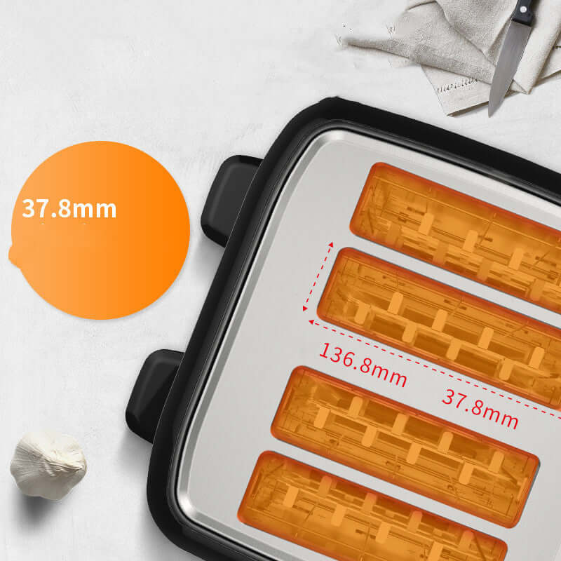 four slot automatic toaster - Multifunctional & Efficient showing dimensions and details of the product's design