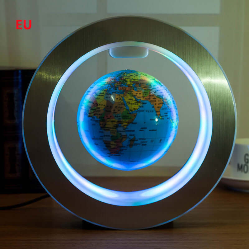 Magnetic Levitation Globe Light - Cool Floating World Map in illuminated display with colorful continents and oceans.