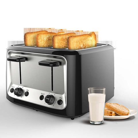 four slot automatic toaster - Multifunctional & Efficient with toasted bread, milk glass, and cookies on the side.