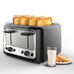 four slot automatic toaster - Multifunctional & Efficient with toasted bread, milk glass, and cookies on the side.