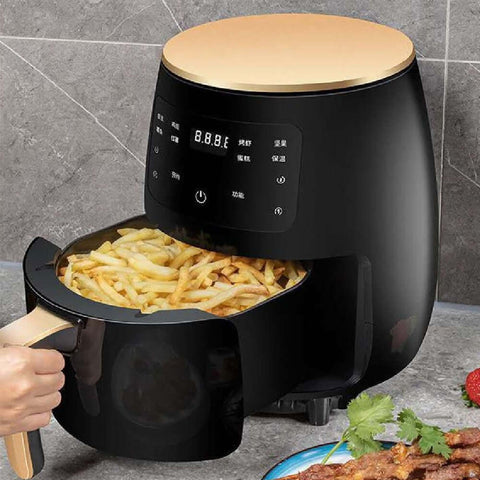 Smart Touch Air Fryer - 1400W Stainless Steel Design with a digital display and fries being served.