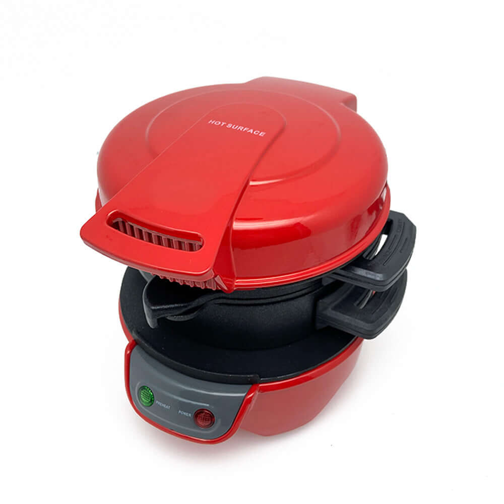 Breakfast Sandwich Maker: Quick & Delicious Cooking Solution in vibrant red color with indicator lights.